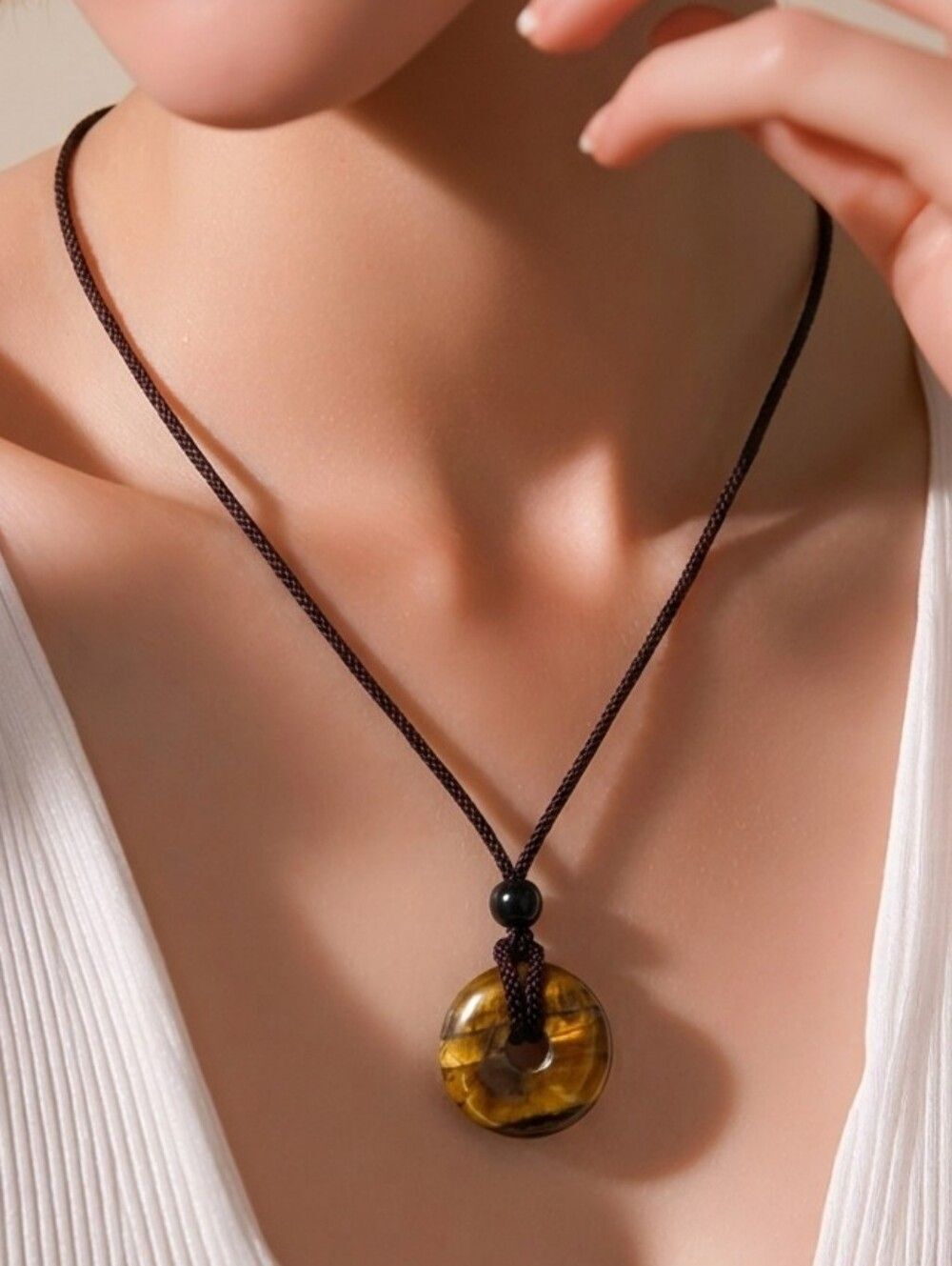 Golden Tiger Eye Donut Pendant Necklace Earthy Boho Pi Stone Jewelry Crystals
